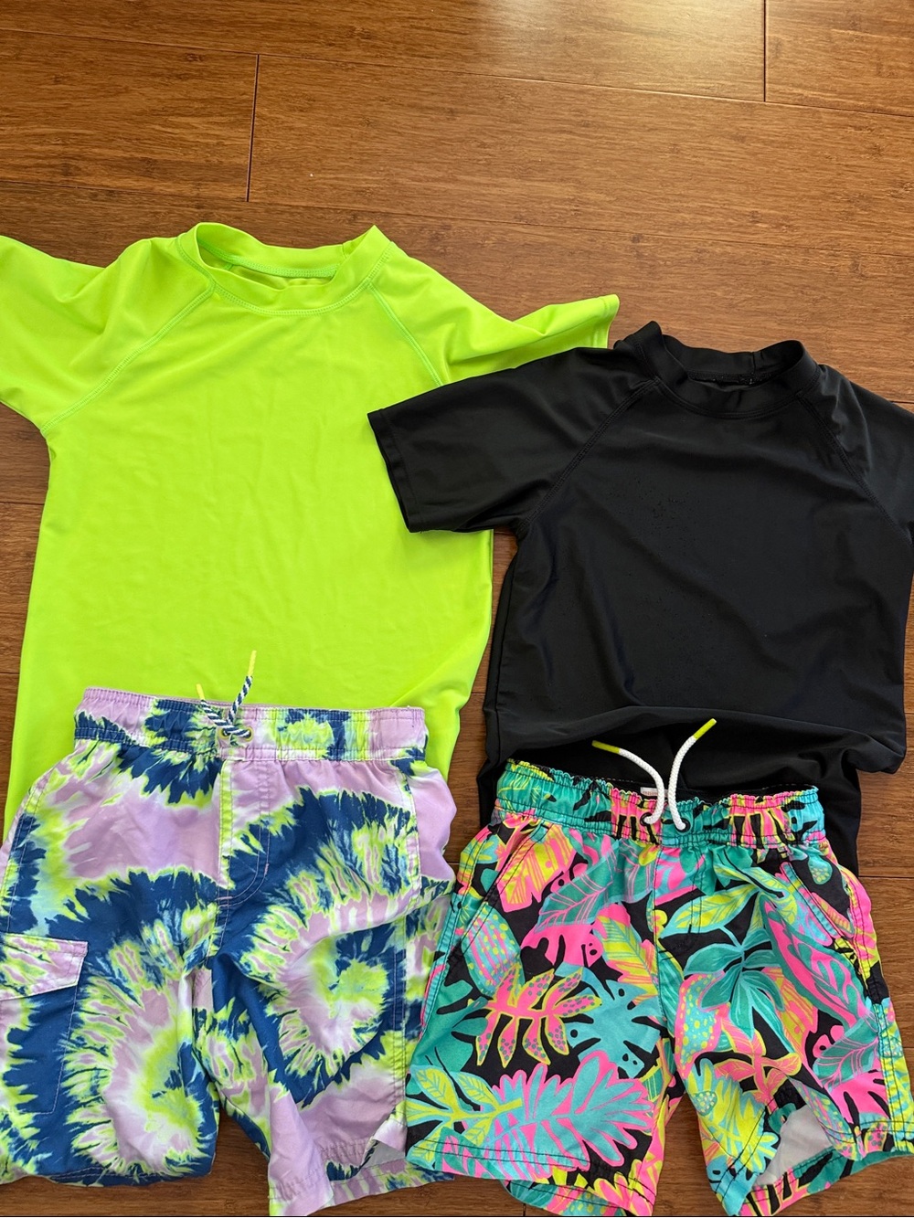 Cat & Jack Neon Green and Black Kids Swim Rashguards with Colorful Swim Shorts